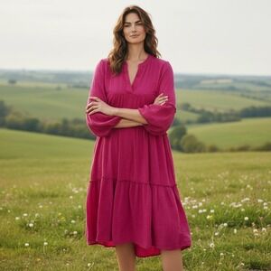 Faherty Tiered Vida Midi Dress Magenta Pink Organic Cotton Size Large